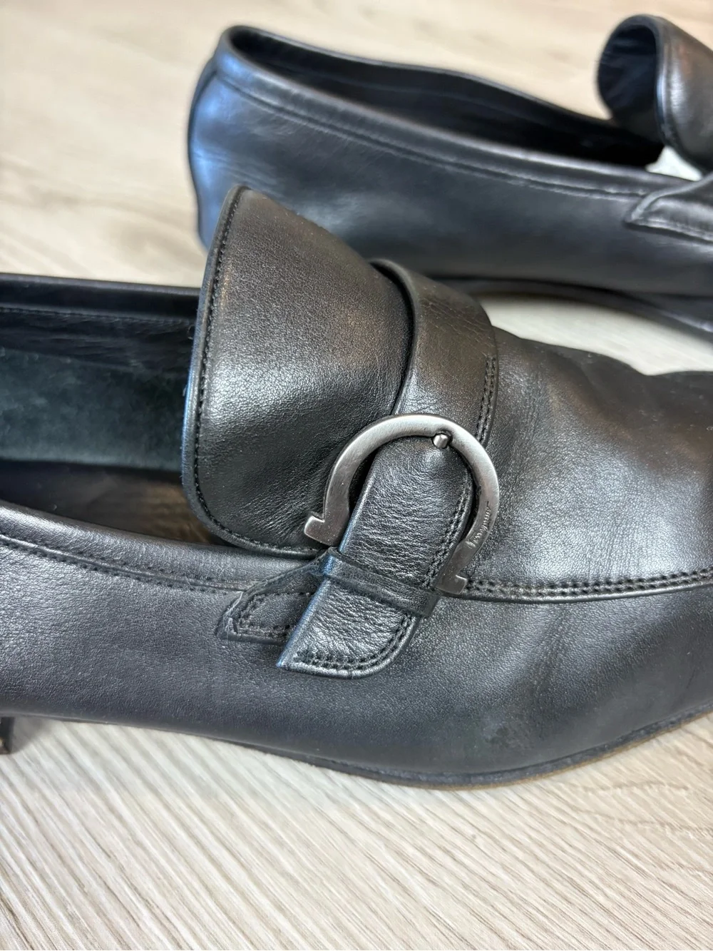 Salvatore Ferragamo Black Leather Buckle Loafers 9D